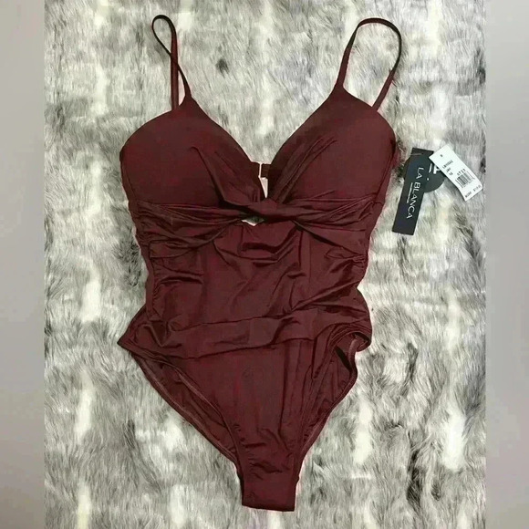 NWT La Blanca Island Goddess Twist Keyhole OnePiece swimsuit Java brown size 12 - Picture 3 of 9